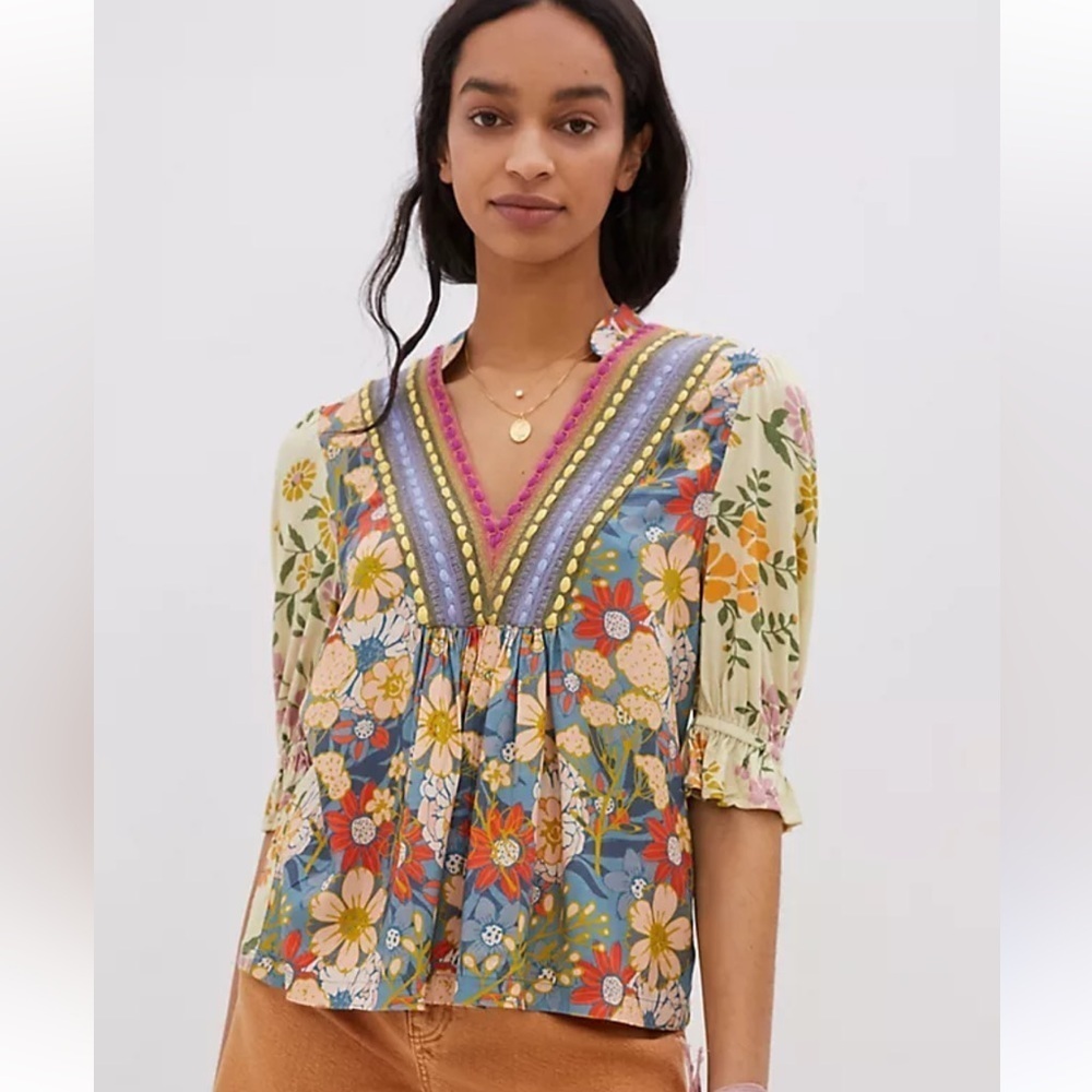 Anthropologie Bl-nk London Top Women's XXS Stephanie Floral Boho Blouse Floral - Picture 2 of 11